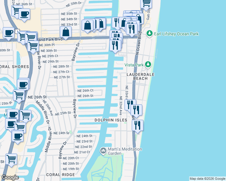 map of restaurants, bars, coffee shops, grocery stores, and more near 3025 Northeast 25th Street in Fort Lauderdale