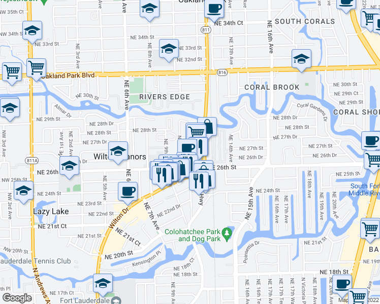 map of restaurants, bars, coffee shops, grocery stores, and more near 2606 Northeast 10th Terrace in Wilton Manors