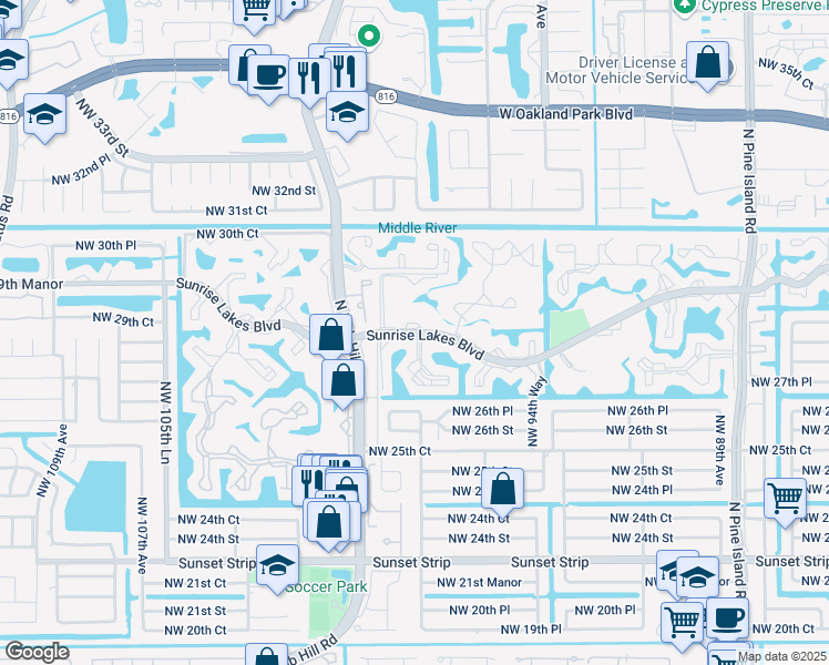 map of restaurants, bars, coffee shops, grocery stores, and more near 140 Sunrise Lakes Boulevard in Sunrise