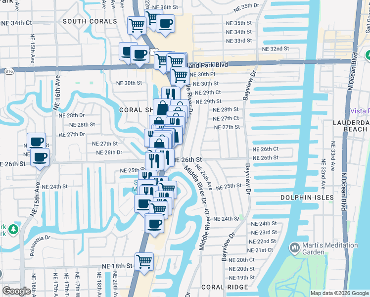 map of restaurants, bars, coffee shops, grocery stores, and more near 2600 Middle River Drive in Fort Lauderdale
