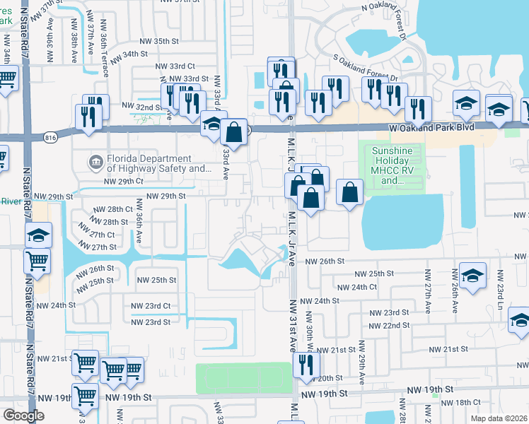 map of restaurants, bars, coffee shops, grocery stores, and more near 3200 Northwest 31st Terrace in Lauderdale Lakes