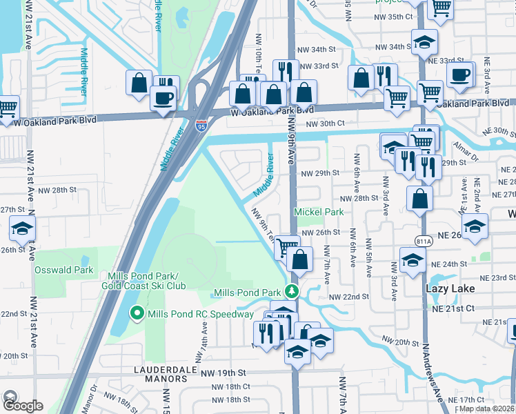 map of restaurants, bars, coffee shops, grocery stores, and more near 2732 Northwest 9th Terrace in Wilton Manors