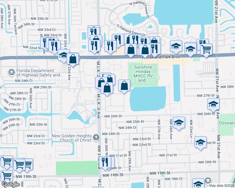 map of restaurants, bars, coffee shops, grocery stores, and more near 2901 Northwest 28th Street in Lauderdale Lakes