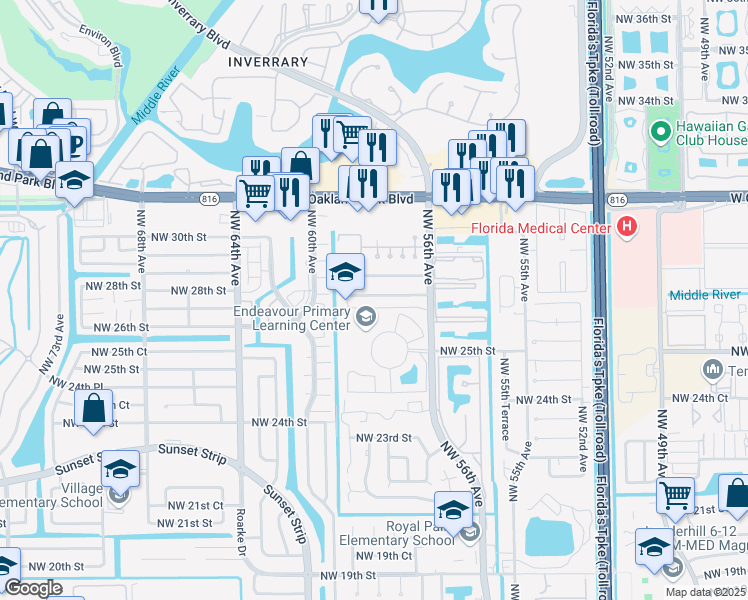 map of restaurants, bars, coffee shops, grocery stores, and more near 5730 Northwest 28th Street in Lauderhill