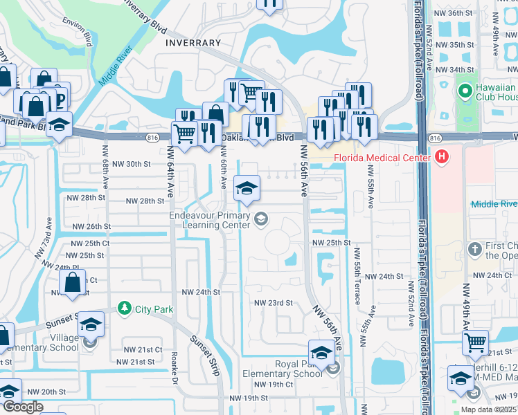 map of restaurants, bars, coffee shops, grocery stores, and more near 2768 Northwest 58th Terrace in Lauderhill