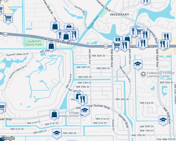 map of restaurants, bars, coffee shops, grocery stores, and more near 2851 Northwest 68th Avenue in Sunrise