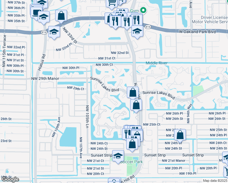 map of restaurants, bars, coffee shops, grocery stores, and more near 10123 Sunrise Lakes Boulevard in Sunrise