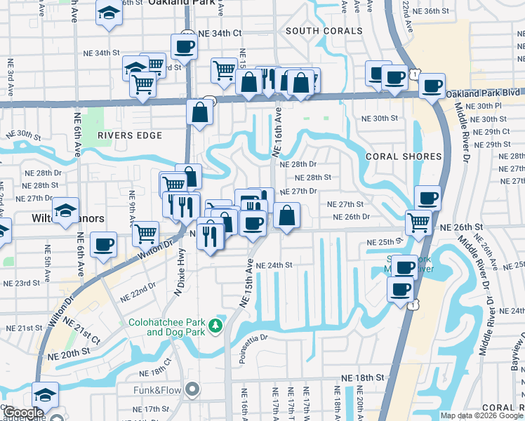 map of restaurants, bars, coffee shops, grocery stores, and more near 1540 Northeast 27th Drive in Wilton Manors