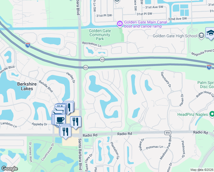 map of restaurants, bars, coffee shops, grocery stores, and more near 7655 Meadow Lakes Drive in Naples