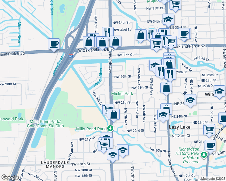 map of restaurants, bars, coffee shops, grocery stores, and more near 818 Northwest 28th Court in Wilton Manors