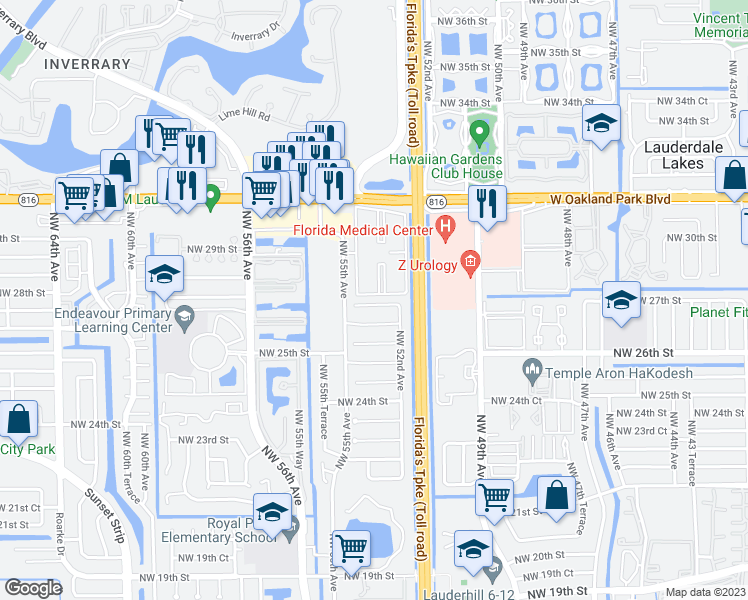 map of restaurants, bars, coffee shops, grocery stores, and more near 5313 Northwest 27th Street in Lauderhill