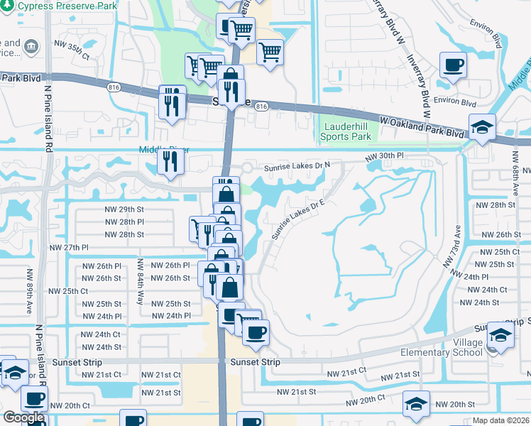 map of restaurants, bars, coffee shops, grocery stores, and more near 2851 Sunrise Lakes Drive East in Sunrise