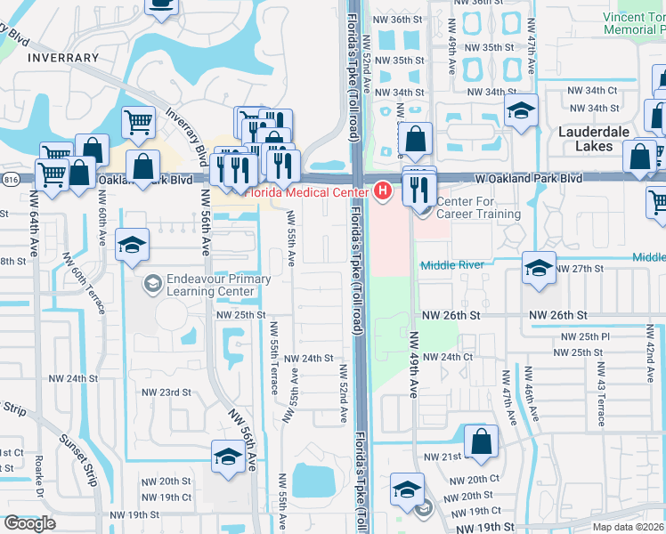 map of restaurants, bars, coffee shops, grocery stores, and more near 2830 Northwest 55th Avenue in Lauderhill