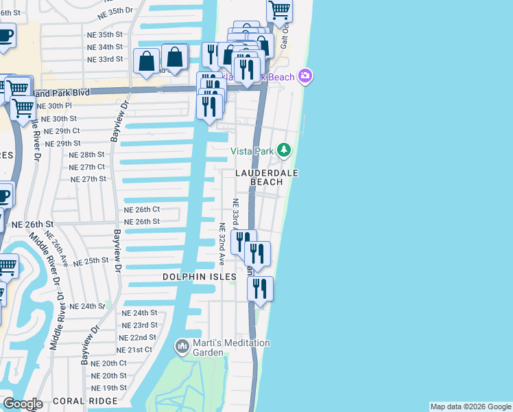map of restaurants, bars, coffee shops, grocery stores, and more near 2625 North Ocean Boulevard in Fort Lauderdale