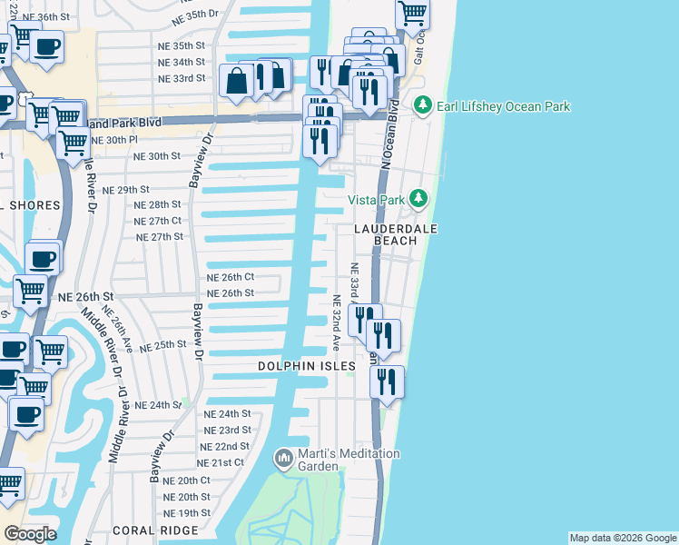 map of restaurants, bars, coffee shops, grocery stores, and more near 26 Northeast 32nd Avenue in Fort Lauderdale