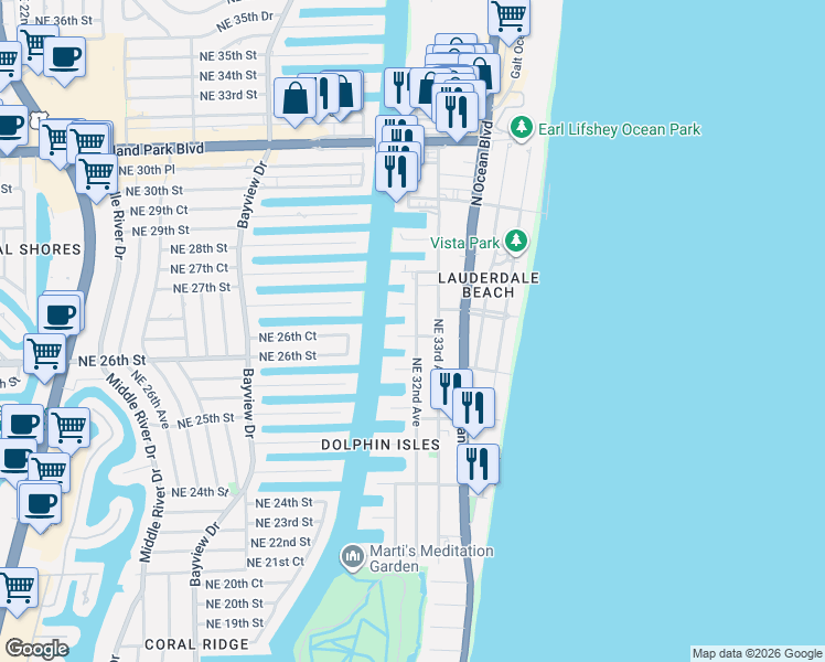 map of restaurants, bars, coffee shops, grocery stores, and more near 26 Northeast 32nd Avenue in Fort Lauderdale