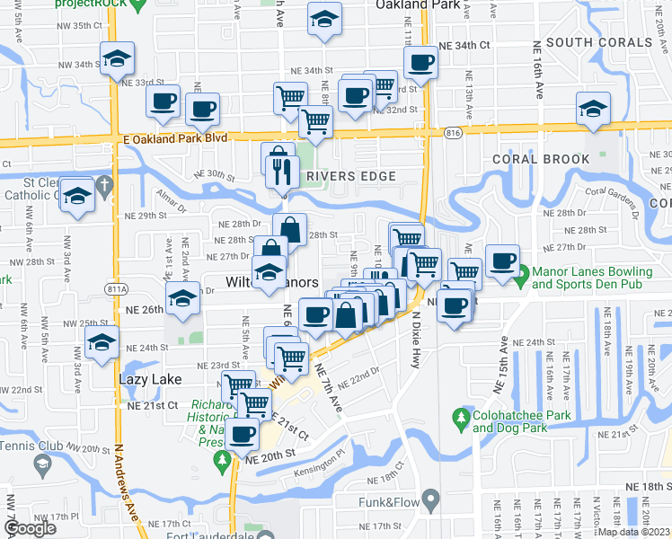 map of restaurants, bars, coffee shops, grocery stores, and more near 2712 Northeast 8th Avenue in Wilton Manors