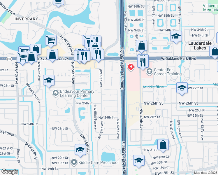 map of restaurants, bars, coffee shops, grocery stores, and more near 2830 Northwest 55th Avenue in Lauderhill