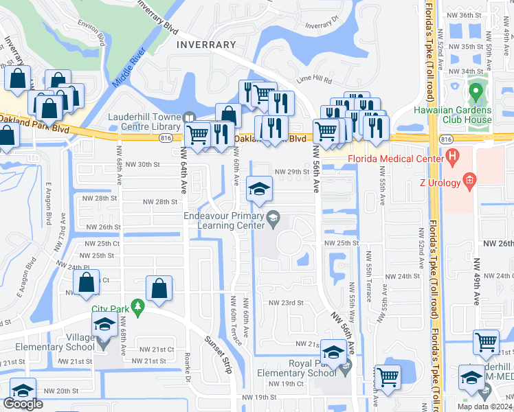 map of restaurants, bars, coffee shops, grocery stores, and more near 2768 Northwest 58th Terrace in Lauderhill