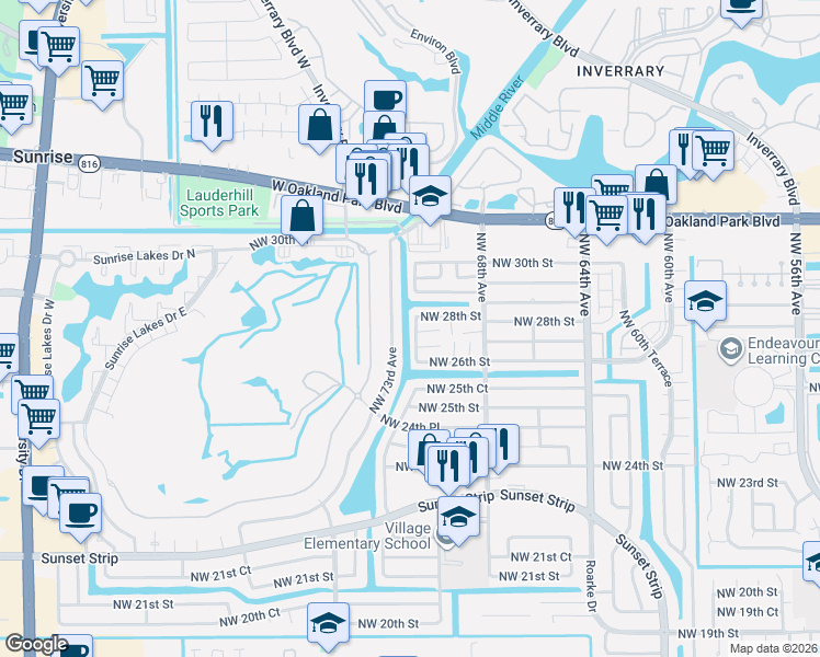 map of restaurants, bars, coffee shops, grocery stores, and more near 2808 Northwest 73rd Avenue in Sunrise
