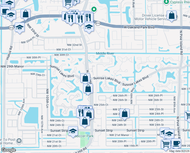 map of restaurants, bars, coffee shops, grocery stores, and more near 9781 Sunrise Lakes Boulevard in Sunrise