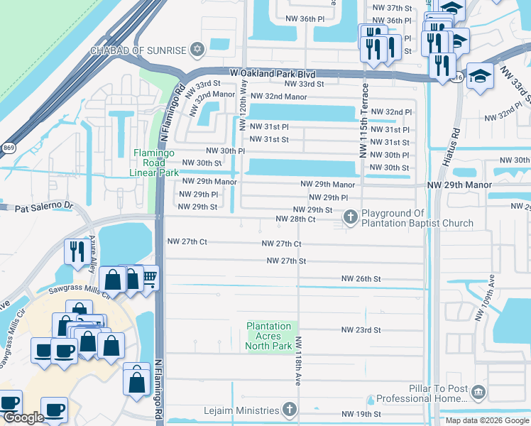 map of restaurants, bars, coffee shops, grocery stores, and more near 12011 Northwest 29th Street in Sunrise