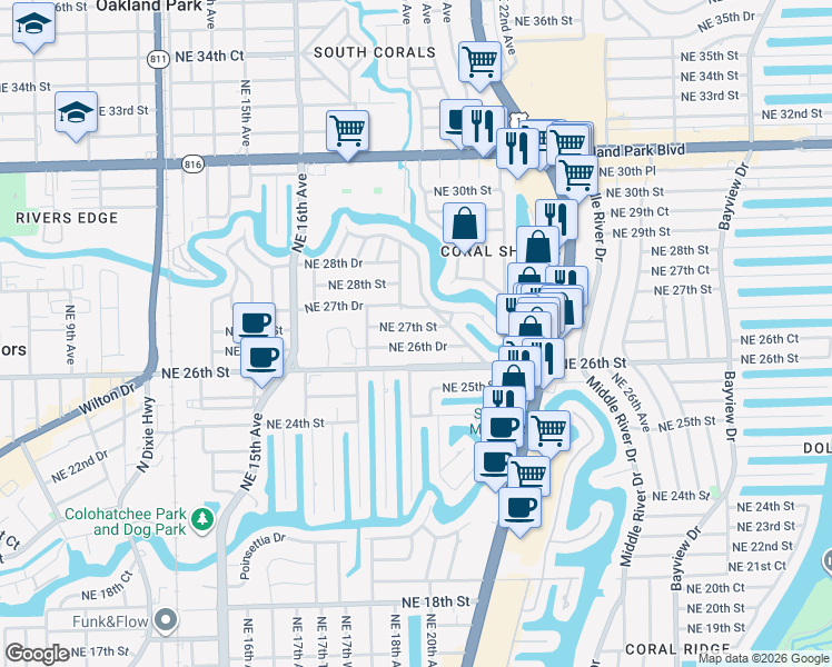 map of restaurants, bars, coffee shops, grocery stores, and more near 1908 Northeast 27th Street in Wilton Manors