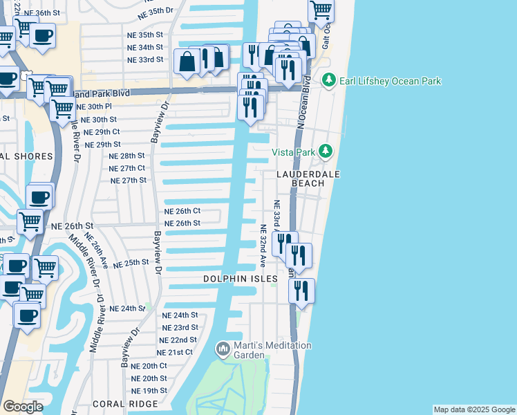 map of restaurants, bars, coffee shops, grocery stores, and more near 26 Northeast 32nd Avenue in Fort Lauderdale