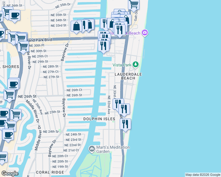 map of restaurants, bars, coffee shops, grocery stores, and more near 3209 Northeast 26th Street in Fort Lauderdale