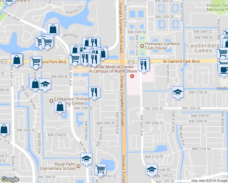 map of restaurants, bars, coffee shops, grocery stores, and more near 2830 Northwest 55th Avenue in Lauderhill