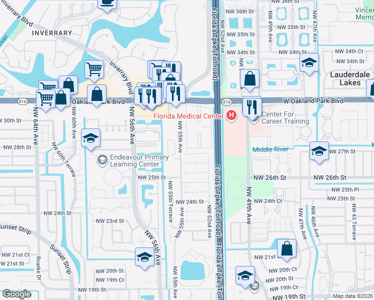 map of restaurants, bars, coffee shops, grocery stores, and more near 2814 Northwest 55th Avenue in Lauderhill