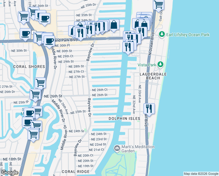 map of restaurants, bars, coffee shops, grocery stores, and more near 2890 Northeast 26th Place in Fort Lauderdale
