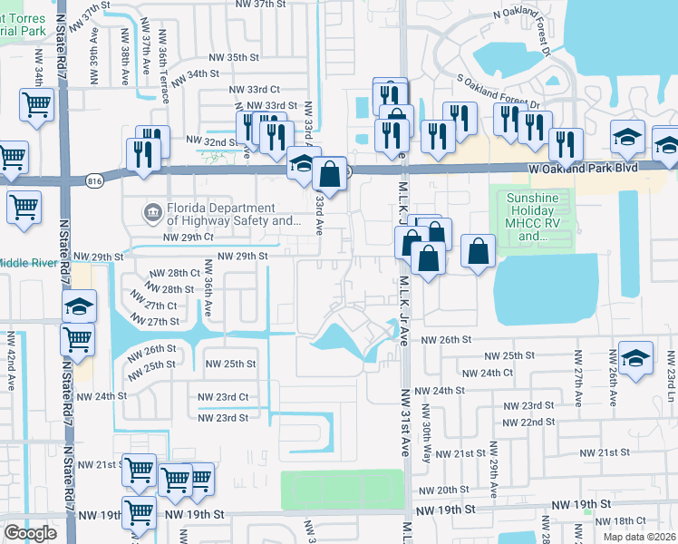map of restaurants, bars, coffee shops, grocery stores, and more near 2821 Somerset Drive in Lauderdale Lakes