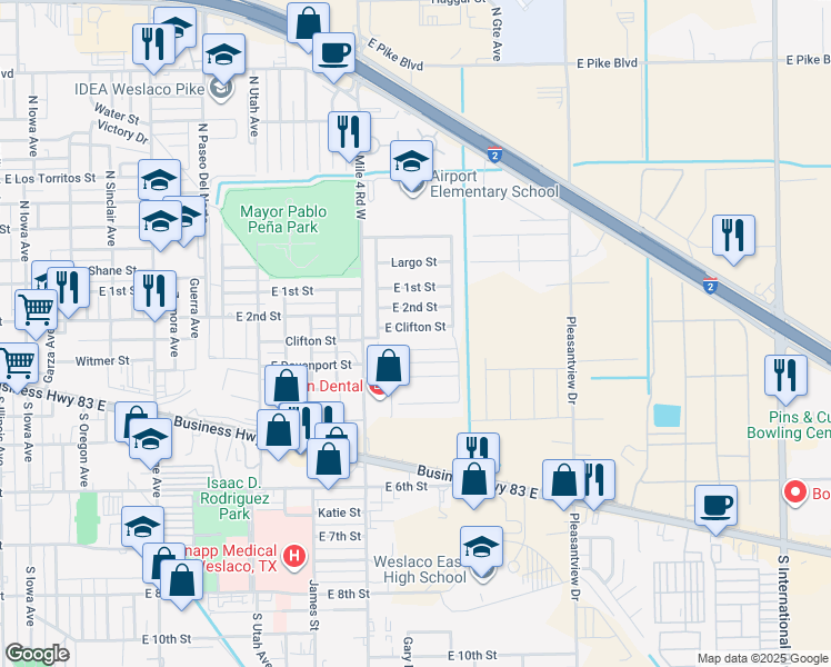 map of restaurants, bars, coffee shops, grocery stores, and more near 1800 Largo Street in Weslaco