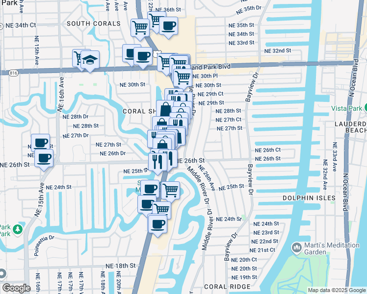 map of restaurants, bars, coffee shops, grocery stores, and more near 2640 Middle River Drive in Fort Lauderdale