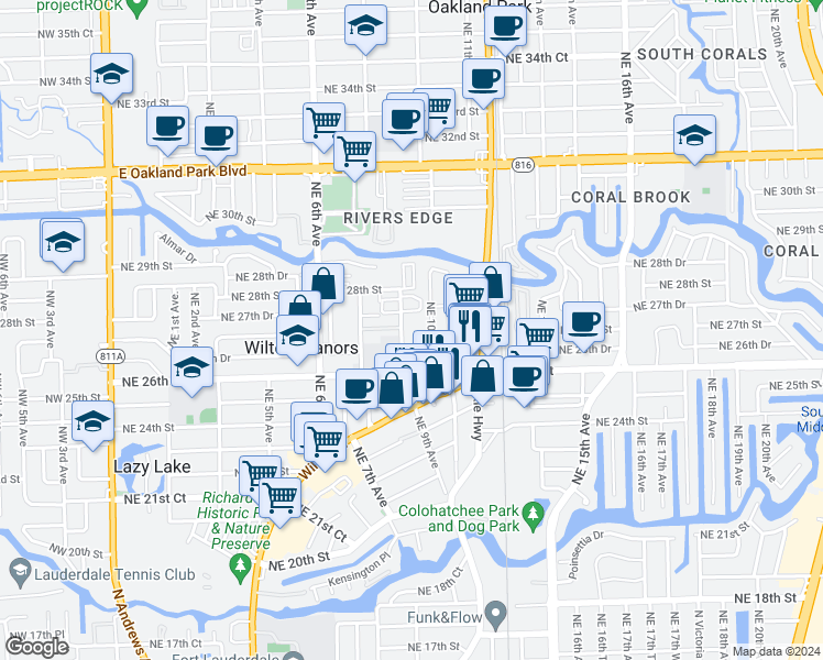 map of restaurants, bars, coffee shops, grocery stores, and more near 2658 Northeast 9th Avenue in Wilton Manors
