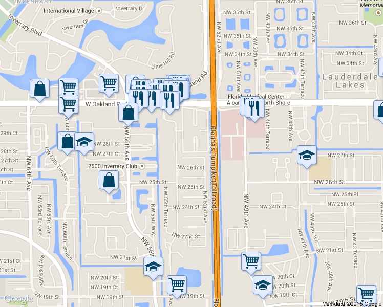 map of restaurants, bars, coffee shops, grocery stores, and more near 2830 Northwest 55th Avenue in Lauderhill