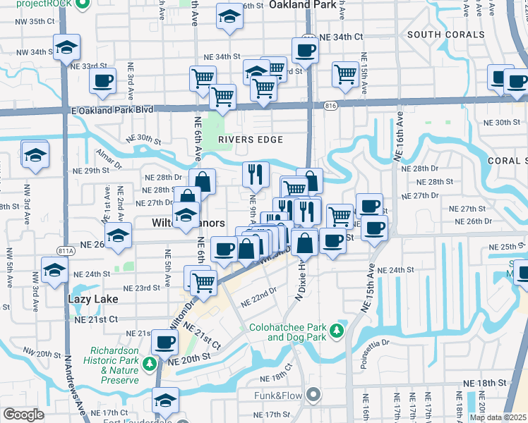 map of restaurants, bars, coffee shops, grocery stores, and more near 2702 1/2 Northeast 9th Avenue in Wilton Manors