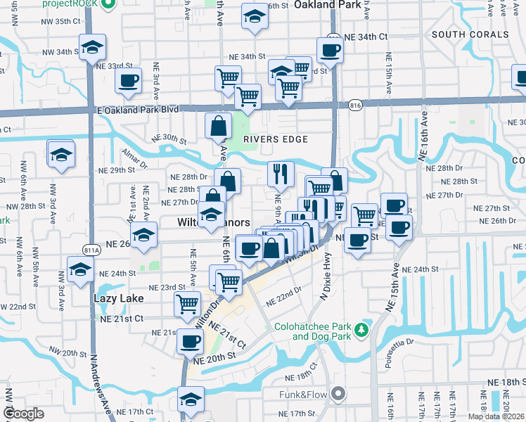 map of restaurants, bars, coffee shops, grocery stores, and more near 2712 Northeast 8th Avenue in Wilton Manors