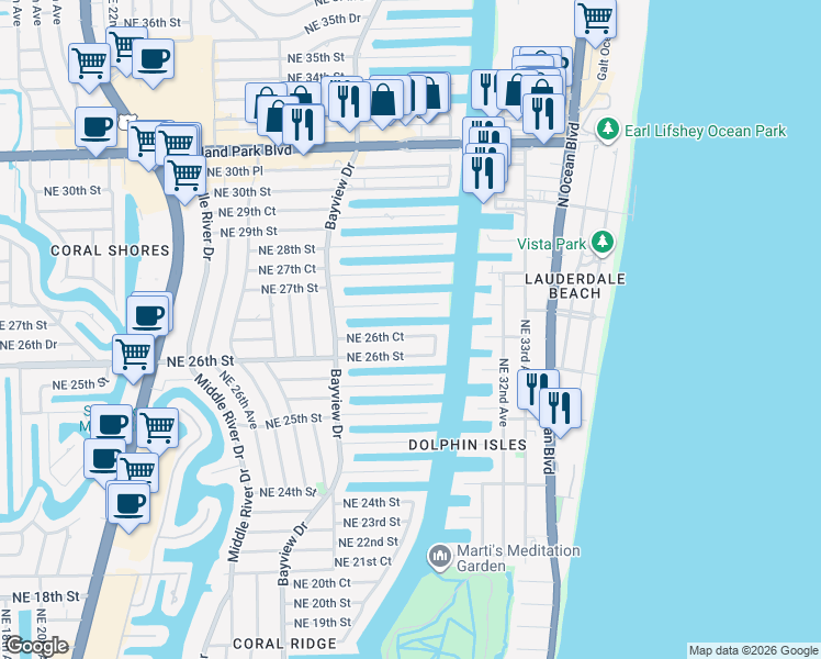 map of restaurants, bars, coffee shops, grocery stores, and more near 2890 Northeast 26th Place in Fort Lauderdale