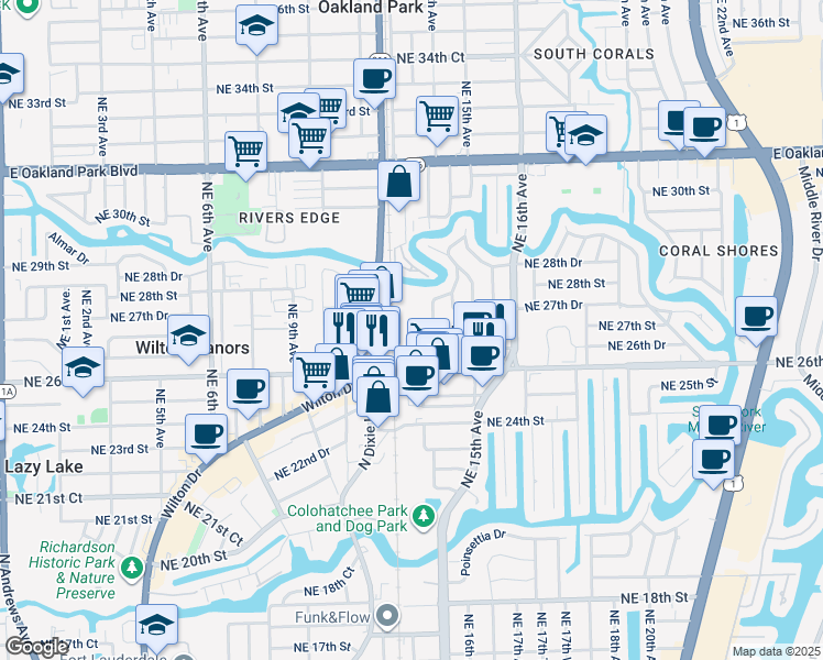 map of restaurants, bars, coffee shops, grocery stores, and more near 2725 Northeast 14th Avenue in Oakland Park