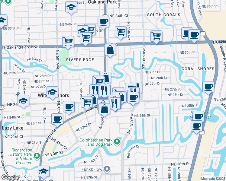 map of restaurants, bars, coffee shops, grocery stores, and more near 2725 Northeast 14th Avenue in Oakland Park