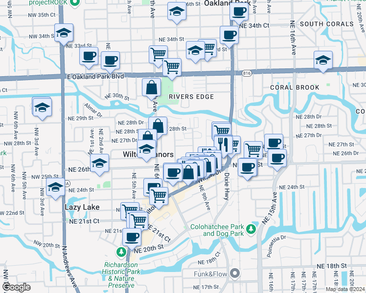 map of restaurants, bars, coffee shops, grocery stores, and more near 2712 Northeast 8th Avenue in Wilton Manors