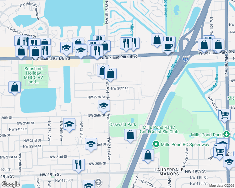 map of restaurants, bars, coffee shops, grocery stores, and more near 2006 Northwest 28th Street in Oakland Park