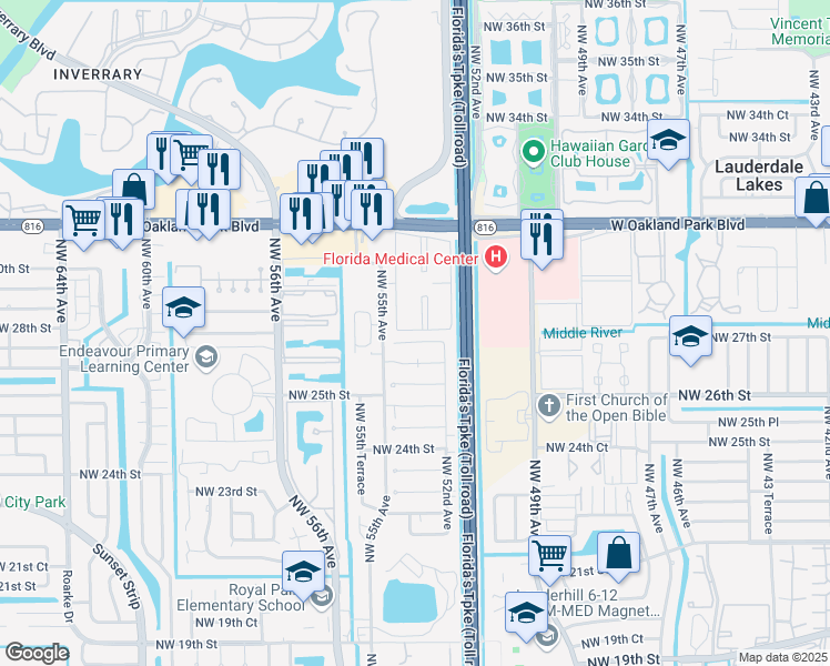 map of restaurants, bars, coffee shops, grocery stores, and more near 2830 Northwest 55th Avenue in Lauderhill
