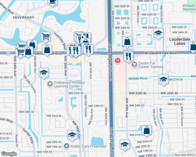 map of restaurants, bars, coffee shops, grocery stores, and more near 2830 Northwest 55th Avenue in Lauderhill