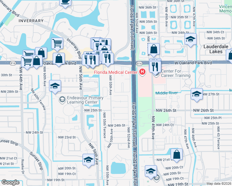 map of restaurants, bars, coffee shops, grocery stores, and more near 2830 Northwest 55th Avenue in Lauderhill