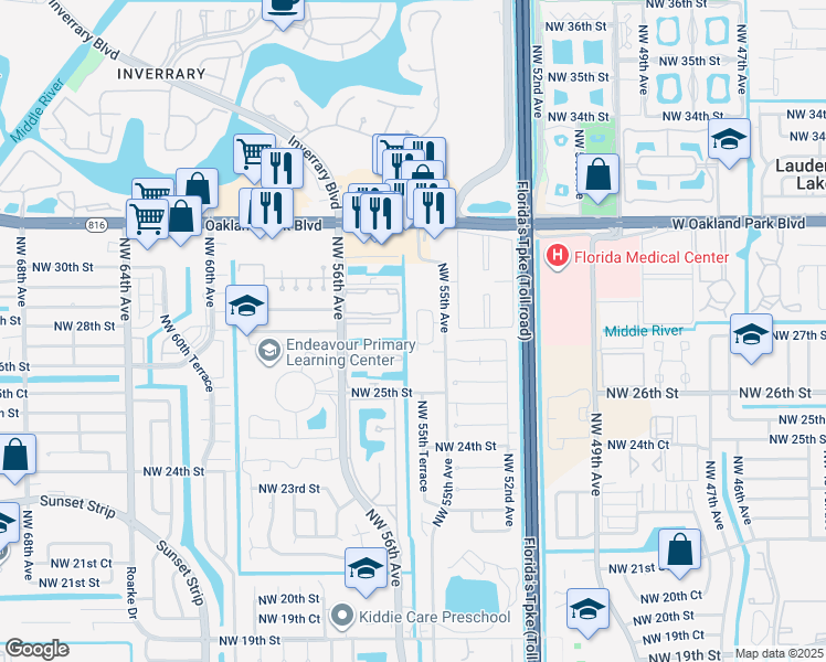map of restaurants, bars, coffee shops, grocery stores, and more near 2799 Northwest 55th Avenue in Lauderhill