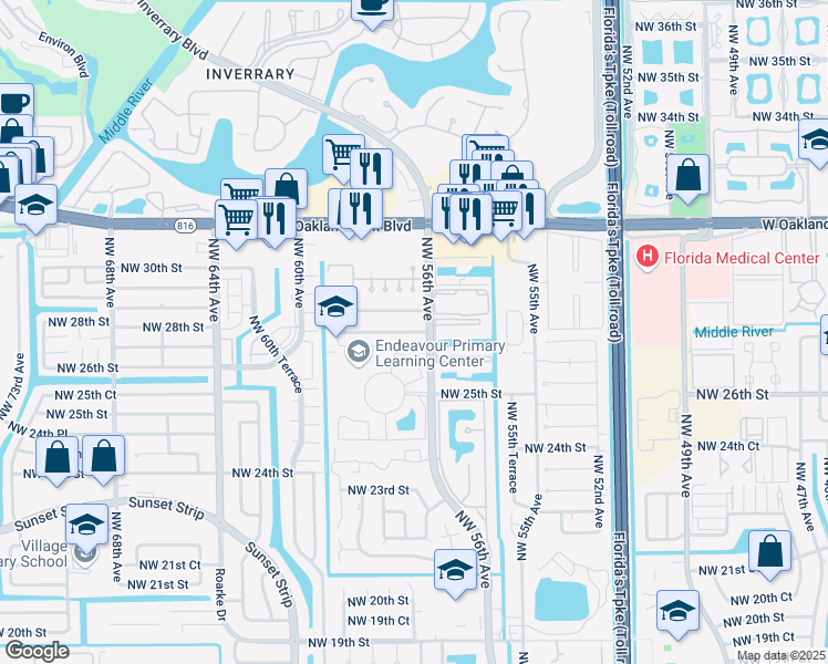 map of restaurants, bars, coffee shops, grocery stores, and more near 5604 Northwest 28th Street in Lauderhill