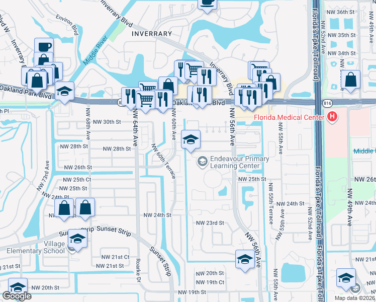 map of restaurants, bars, coffee shops, grocery stores, and more near 2768 Northwest 58th Terrace in Lauderhill